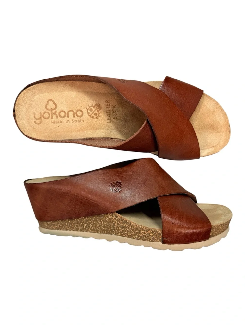 Yokono Candela Mora Brown Leather Cork Wedge Sandals 6.5 Spain